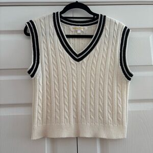 White Cable Knit V-Neck Sweater Vest With Preppy Black Trim